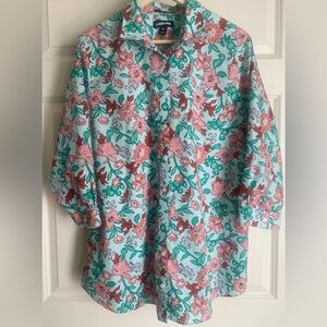 Lands' End Floral Tunic Top Women’s Size 18 Plus No Iron 3/4 Sleeve 100% Cotton
